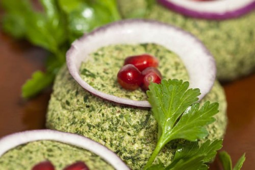 Pkhali: vegetable paste usually made from spinach, beets, or cabbage